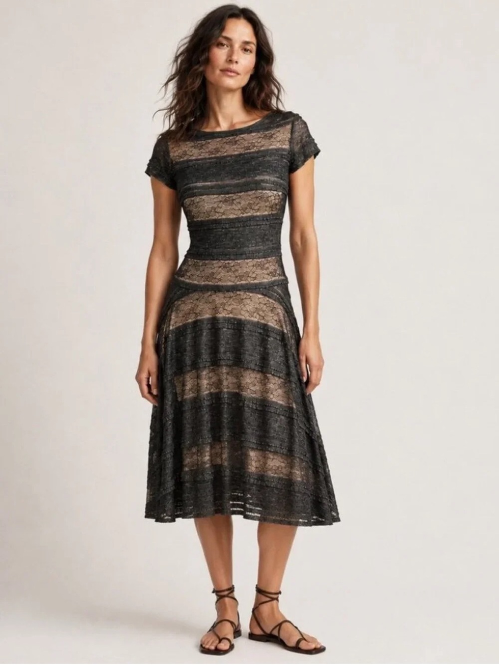 Sangria Sheer Lace Stripe Fit-and-Flare Dress in Black size 8